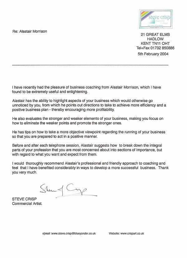 Scan of testimonial from Steve Crisp, Commercial Artist